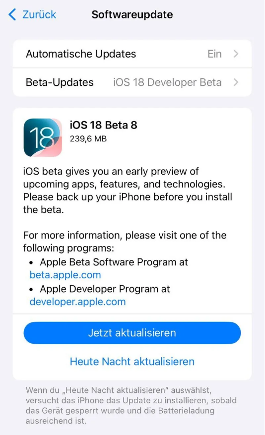 焦作苹果手机维修分享苹果 iOS / iPadOS 18 开发者预览版 Beta 8 发布 